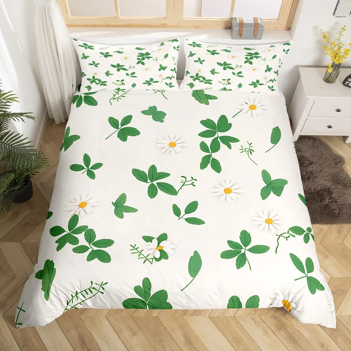 White Floral Green Leaves Duvet Cover King Queen Nature Spring Flowers Bedding Set Plants Comforter Cover Polyester Quilt Cover