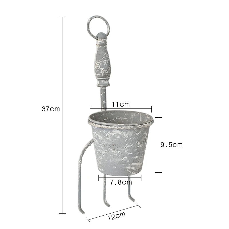 Vintage Grey Flower Pot with Iron Handle and Spade, Hanging Planter without Drainage Hole