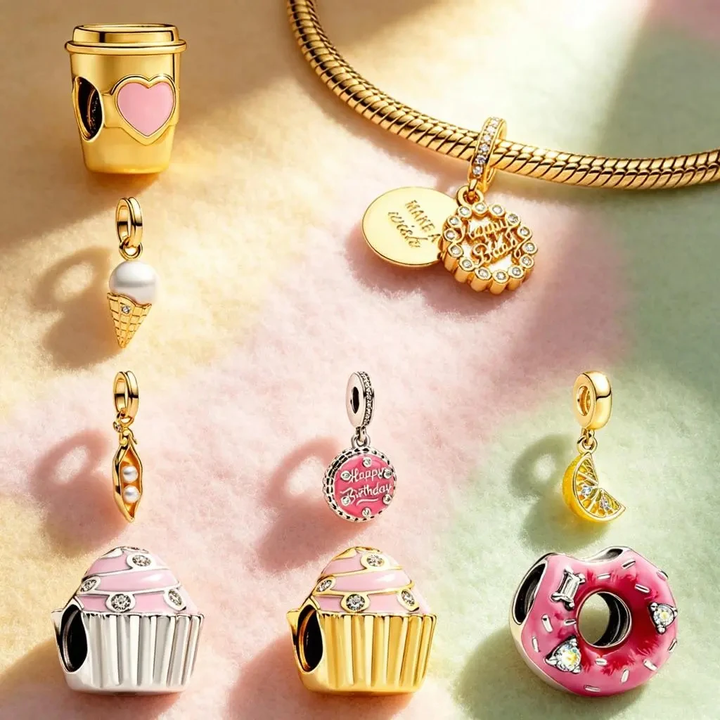 

Hot Sale Original Charms DIY Fine Women Jewelry Gifts Pink Birthday Cake Donut Ice Cream Cupcake Beads Fit Bracelets Accessories