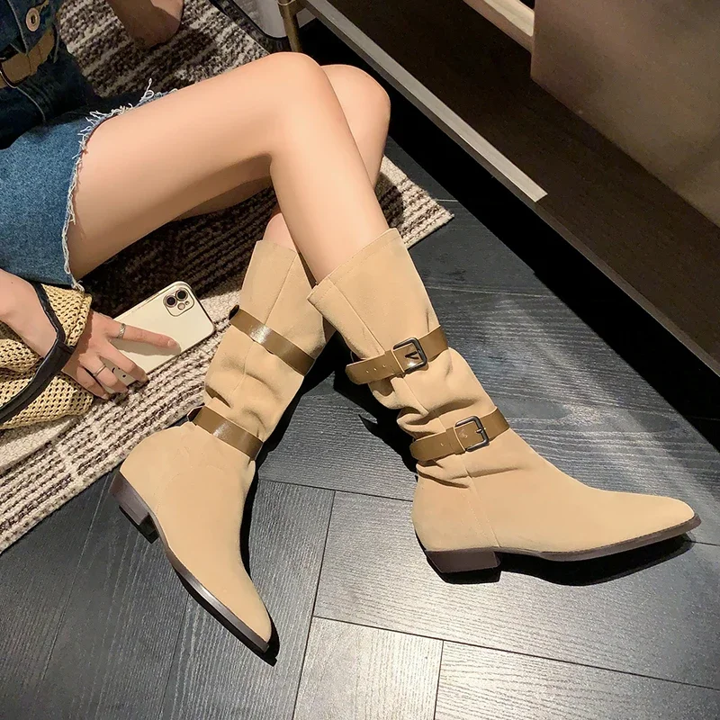 

Dropshipping British Belt Buckle Leather Chelsea Boots Pointed Head Square Heel Skinny Pile Boots Sexy Women's Boots 34&40