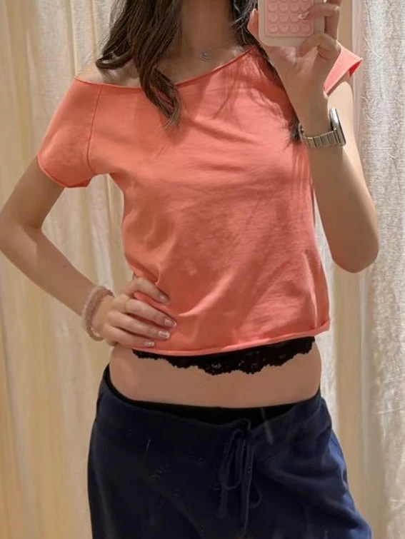 Orange Raw Hem Slim Crop Top for Woman Summer Sexy Slash Neck Short Sleeve Cotton TShirt Female Casual Simple Solid Cropped Tees