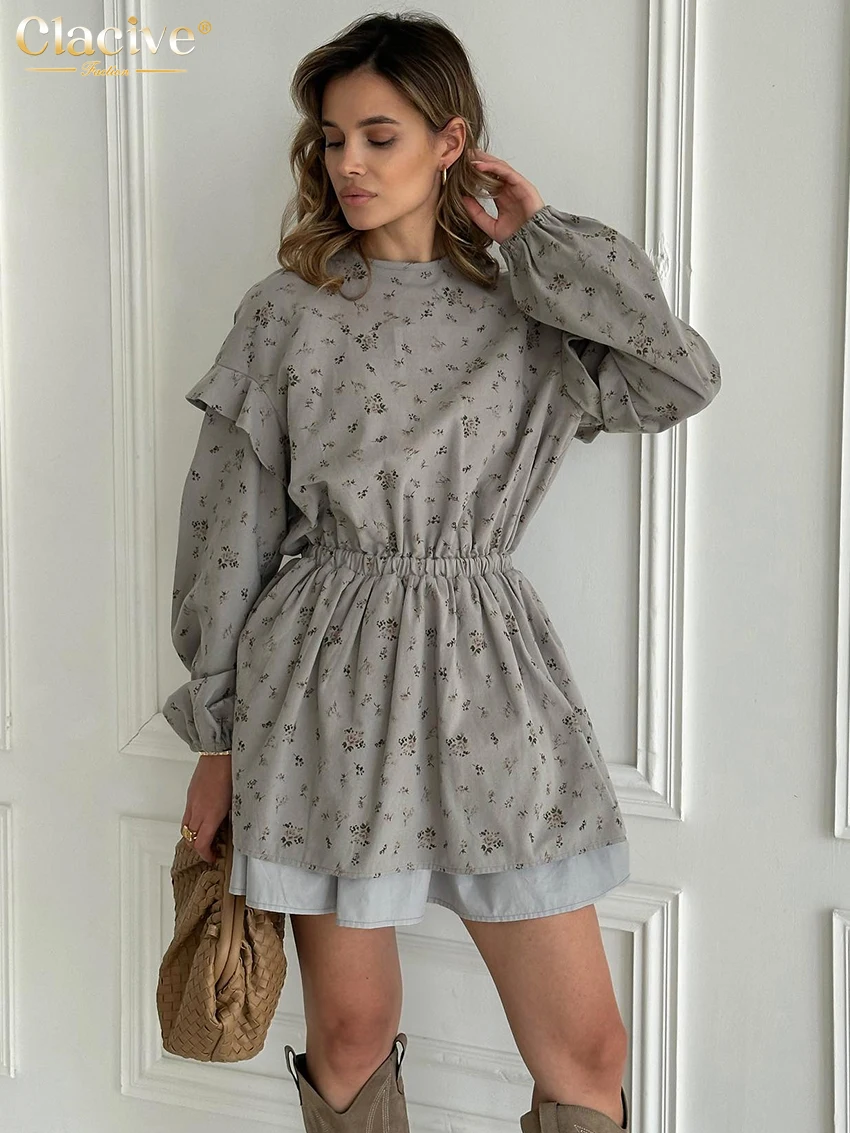 Clacive Fashion Loose Print Women\'S Dress 2024 Casual O-Neck Long Sleeve Mini Dresses Elegant High Waist Pleated Female Dress