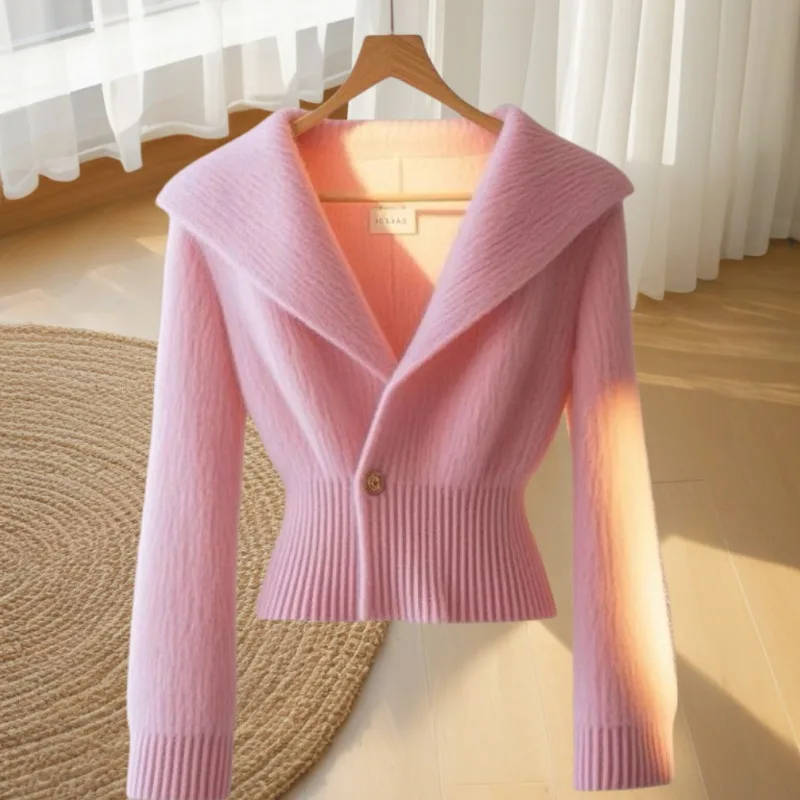 

New Autumn and Winter Models Knitwear Sense of Design Minority Sense of Advanced Temperament Waist in Solid Color Sweater Jacket