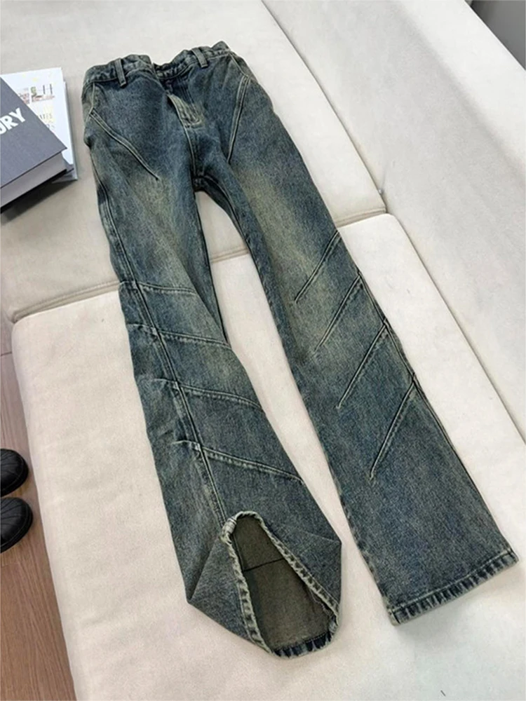 

American Retro Blue Pleated Design Men's Jeans High Street Slim Straight Micro Flared Pants Youth Fashion Straight Tube Jeans