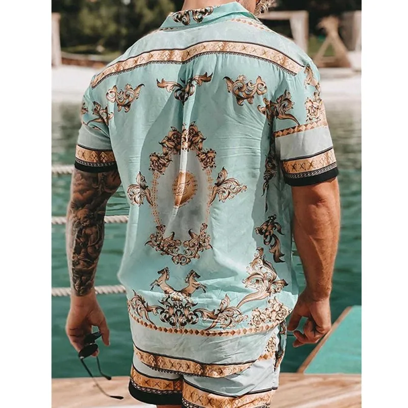 Fashionable men's T-shirt short-sleeved shorts suit beach casual printed street summer 2024 new suit top 2-piece set