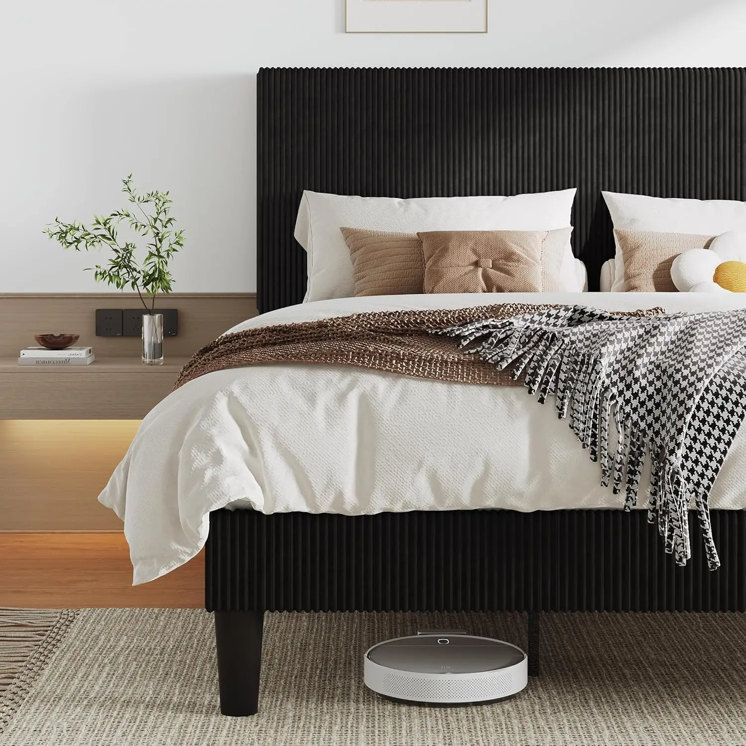 

King Size Upholstered Bed Frame with Vertical Channel Tufted Headboard, Soft Corduroy Fabric Platform Bed, Strong Wooden Slat