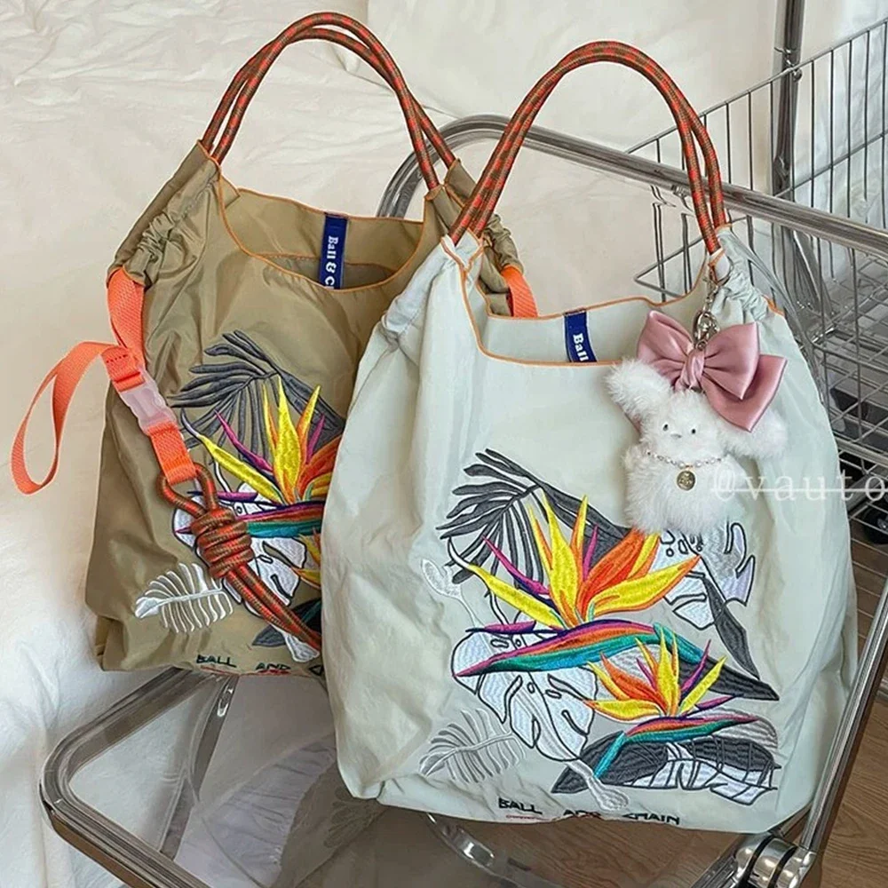 Large Leaf Embroidery Tote Bag Leaves Shoulder Bag Tropical Rain Forest Handbags Nylon Shopper Purses Designer Bags for Women