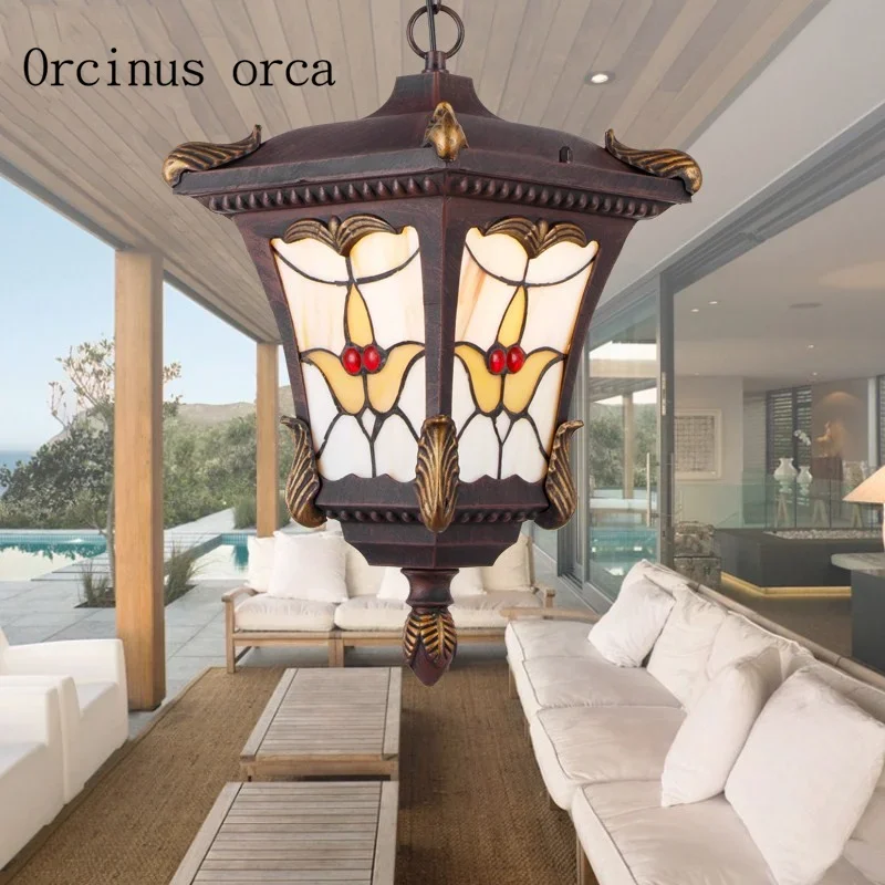 

American retro stained glass outdoor chandelier garden balcony aisle European waterproof LED outdoor Chandelier free shipping