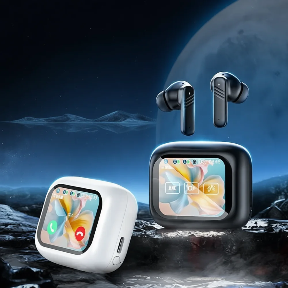 LX10 Smart Bluetooth 5.4 Earbuds Multi Language Translator LCD Touch Screen Noise Cancelling Wireless Headphones Stereo