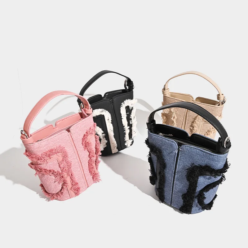 

2025New Denim Bucket Bag for Women, Tassel Patchwork, Small Niche Design, Handheld & Crossbody, Stylish Casual Chic Shoulder Bag