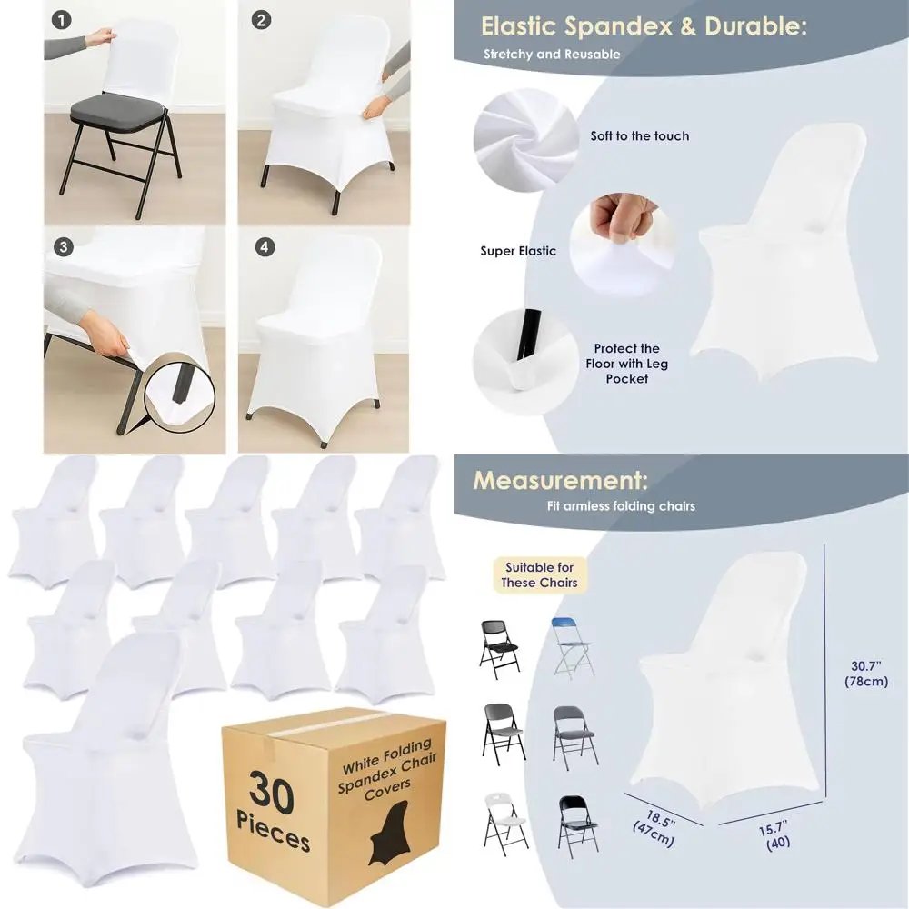 

White Spandex Chair Covers - 30 Pack for Weddings, Parties, Dining - Flat Front, Universal Fit