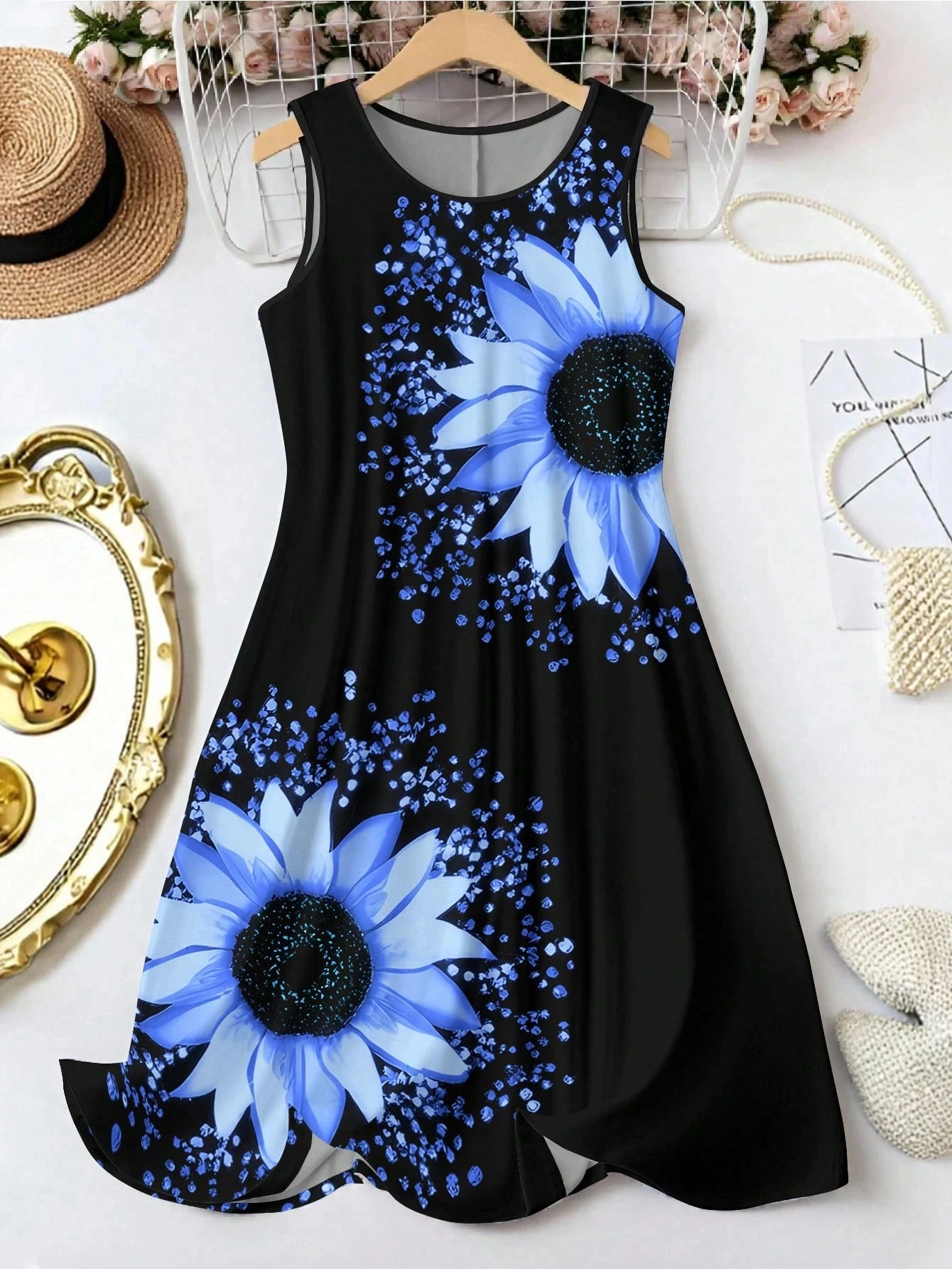 Abito da canotta girocollo con stampa girasole alla moda Abito a trapezio con stampa floreale Boho per abiti estivi Y2k da donna Abbigliamento donna Top