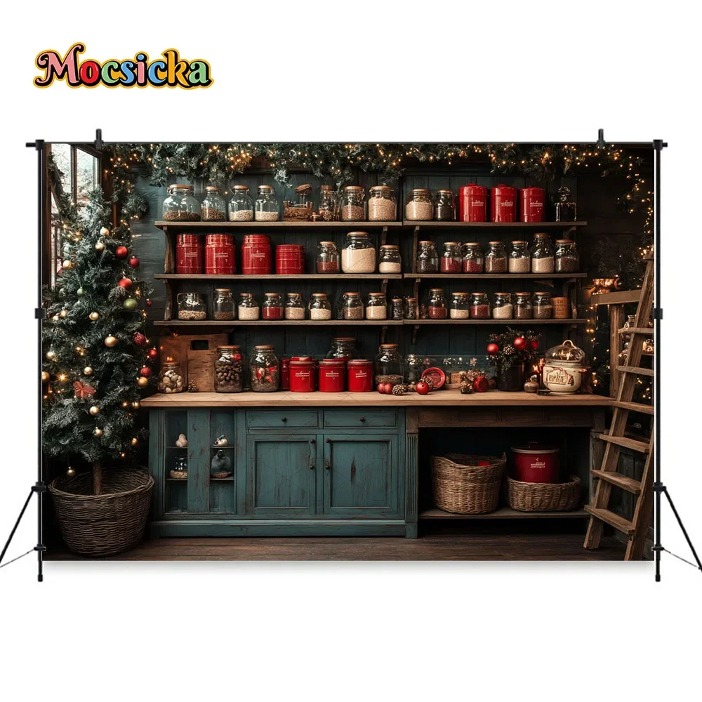 Christmas Kitchen Photography Background Green Rustic Wood Cabinet Wreath Backdrop Decor Winter Chef Kid Cake Smash Photo Studio