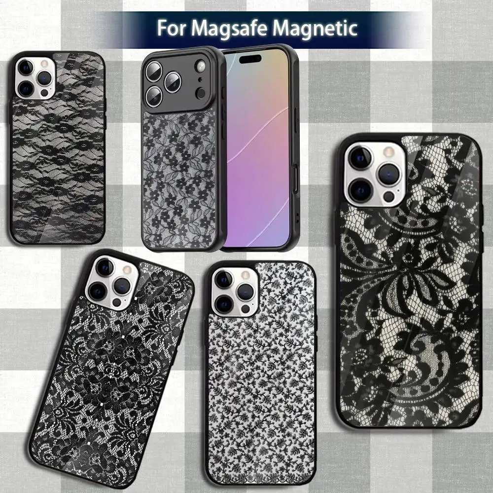 

Black white L-lace P-print Phone Case For iPhone 13,12,15,17,11,16,14,Pro,Max,Plus,Mini,Magsafe,Magnetic Wireless Charging Case