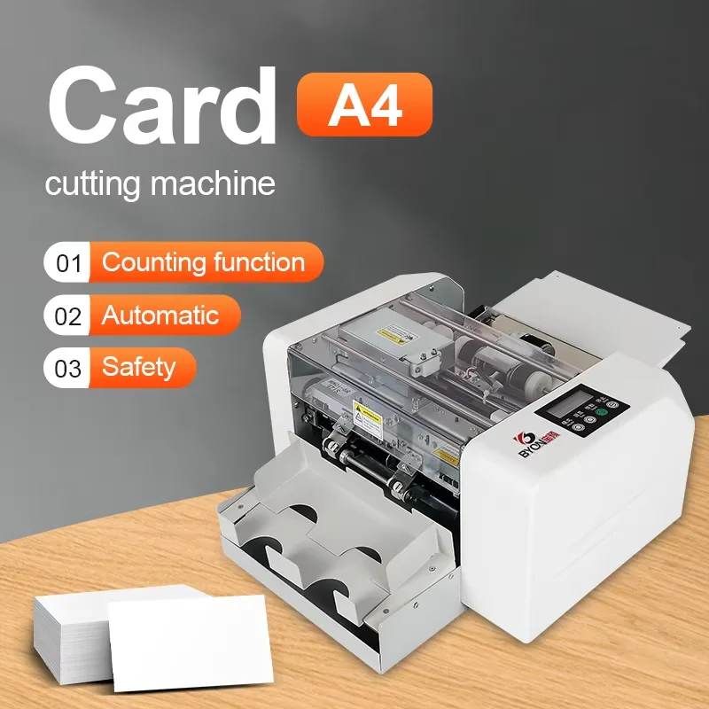 QK-A4-F Automatic Card Cutter For Name Cards & Badges With Friction Feed System And Lift-Cover Safety Stop.