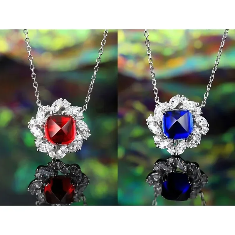 Ruihe Custom New 925 Silver Necklace Lab Grown Ruby Sapphire Simulated Diamond Zirconia Fashion Jewelry Women Christmas Gifts