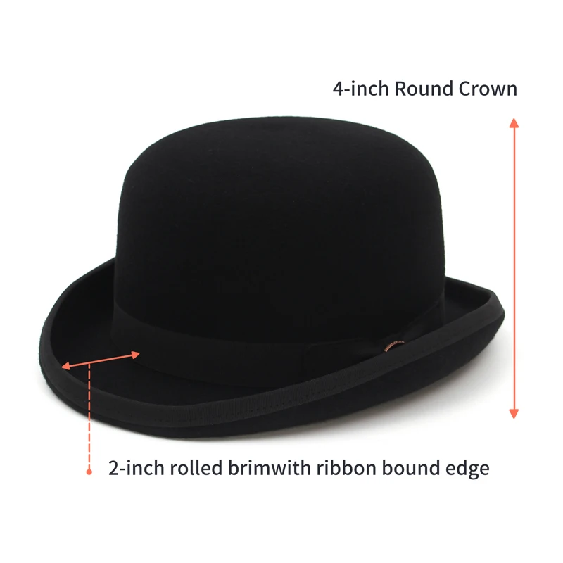 100% Wool Felt Black Derby Bowler Hat for Men Women Satin Lined Fashion Party Formal Fedora Costume Magician Cap