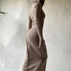 Long Sleeve Hooded Patchwork Skinny Maxi Dress 2021 Autumn Winter Women Fashion Streetwear Casual Outfits