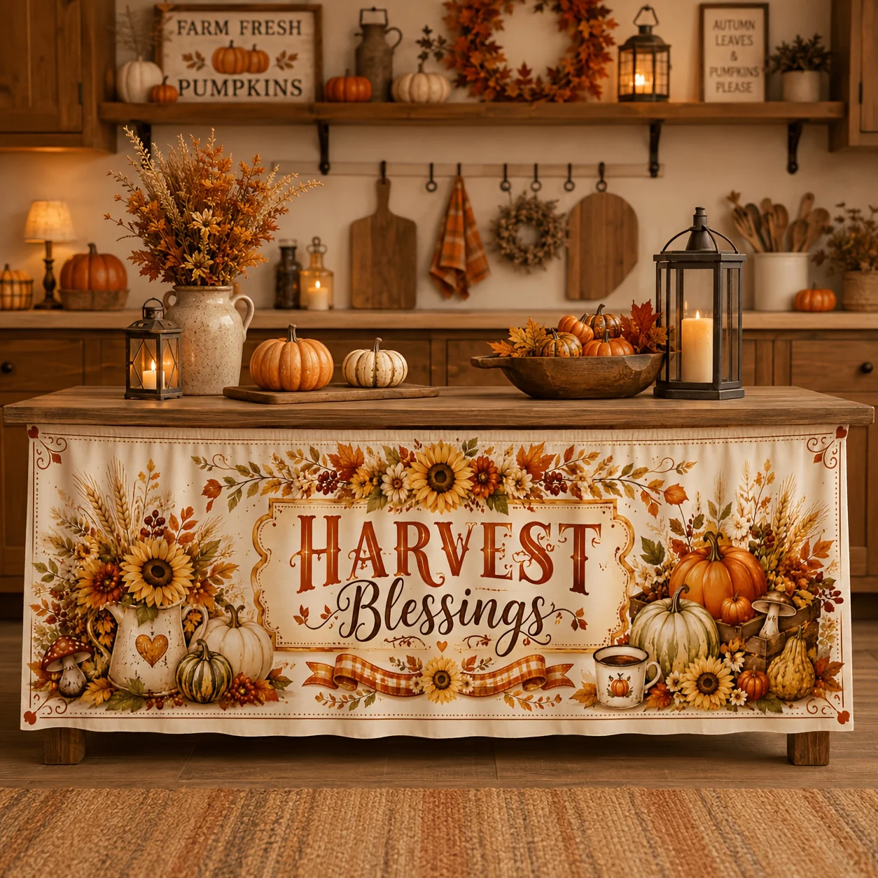 One farmhouse-style tablecloth with checkered borders and prints of pumpkins, apples and corn - washable table coverxzj