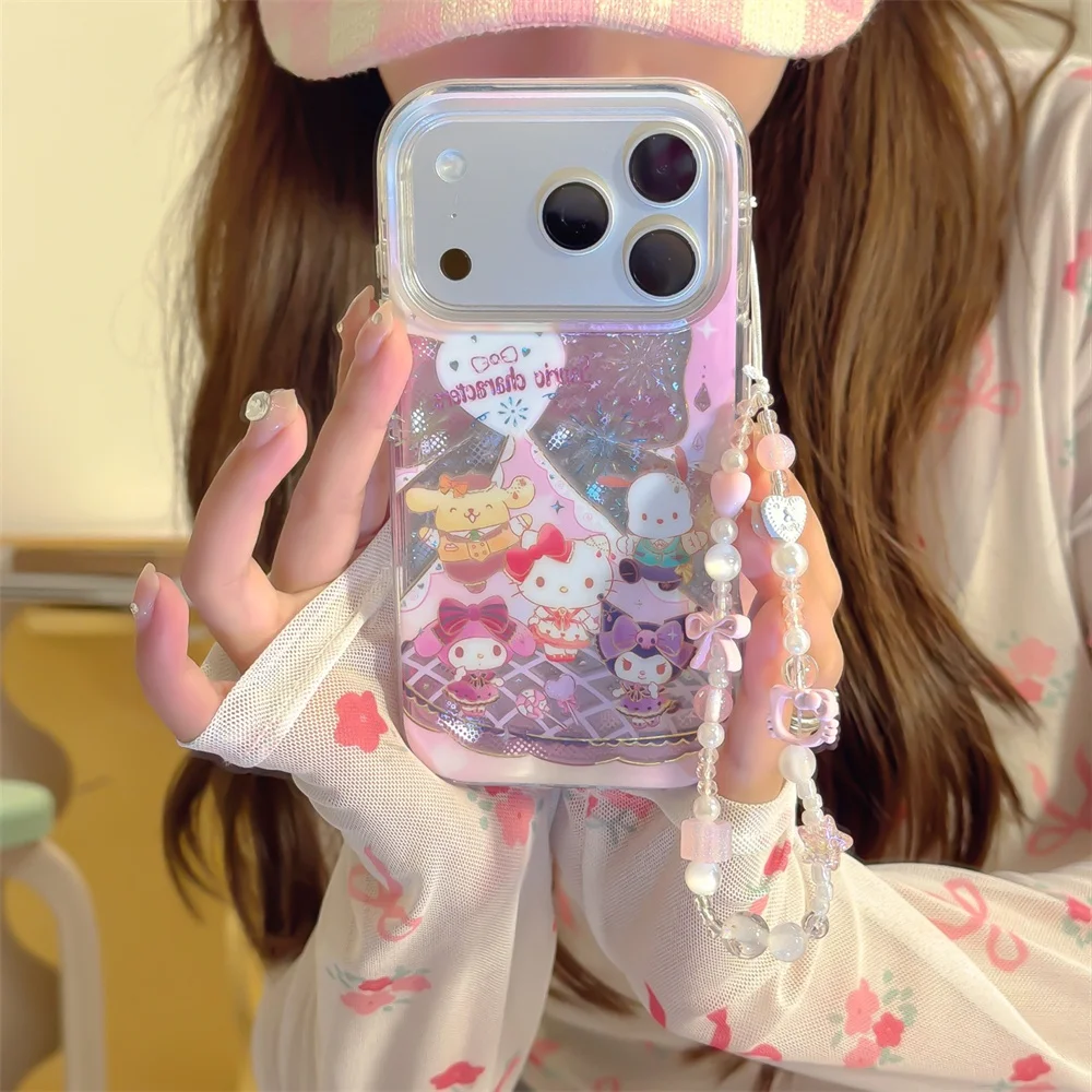 

Glitter Cartoon Cute Hellokitty Phone Case For iphone 16 13 14 15 17 Pro Max Cover With Chain Kawaii Kulomi Shockproof Fundas