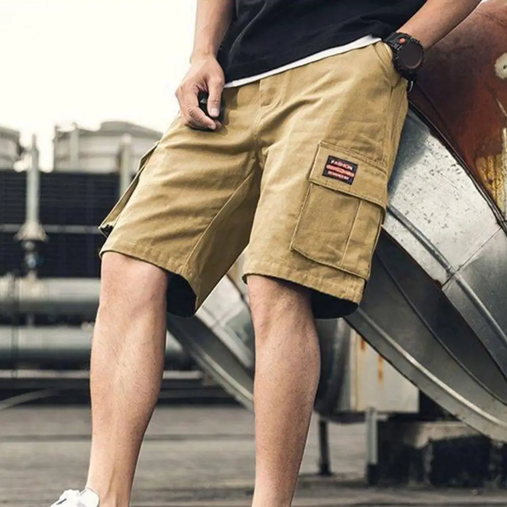 Men Cargo Shorts Plus Size Loose Solid Color Multi Pockets Straight Soft Breathable Mid Waist Pockets Quick-drying Knee Length S