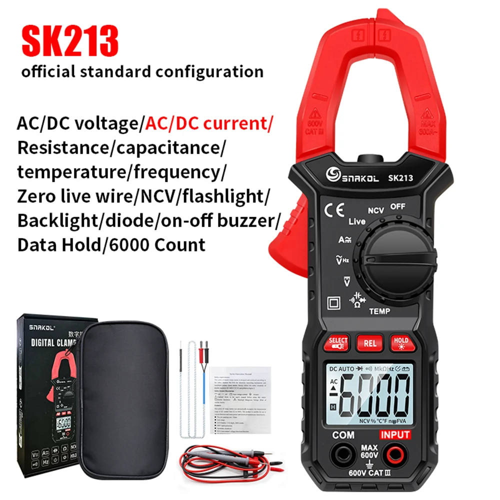 SNAKOL Digital Clamp Meter 600A Current True RMS Smart Plier ammeter Auto Rang 6000 Multimeter DC AC Voltage Hz Ohm NCV Tester