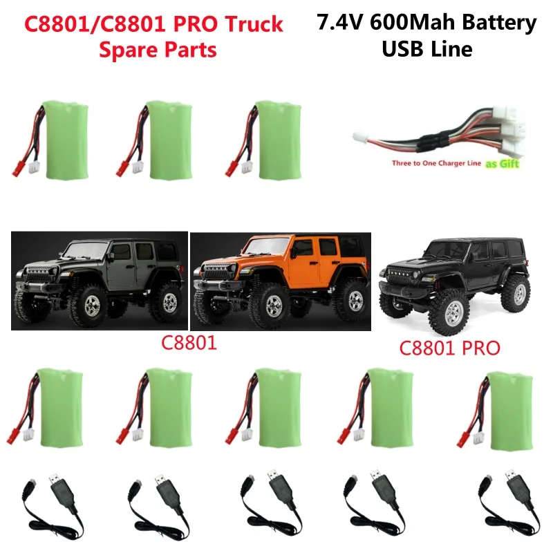 7.4V 600Mah Battery For C8801 C8809 C8801 PRO Remote Control RC Car Spare Parts USB Line  C8801 C8809 Car Battery