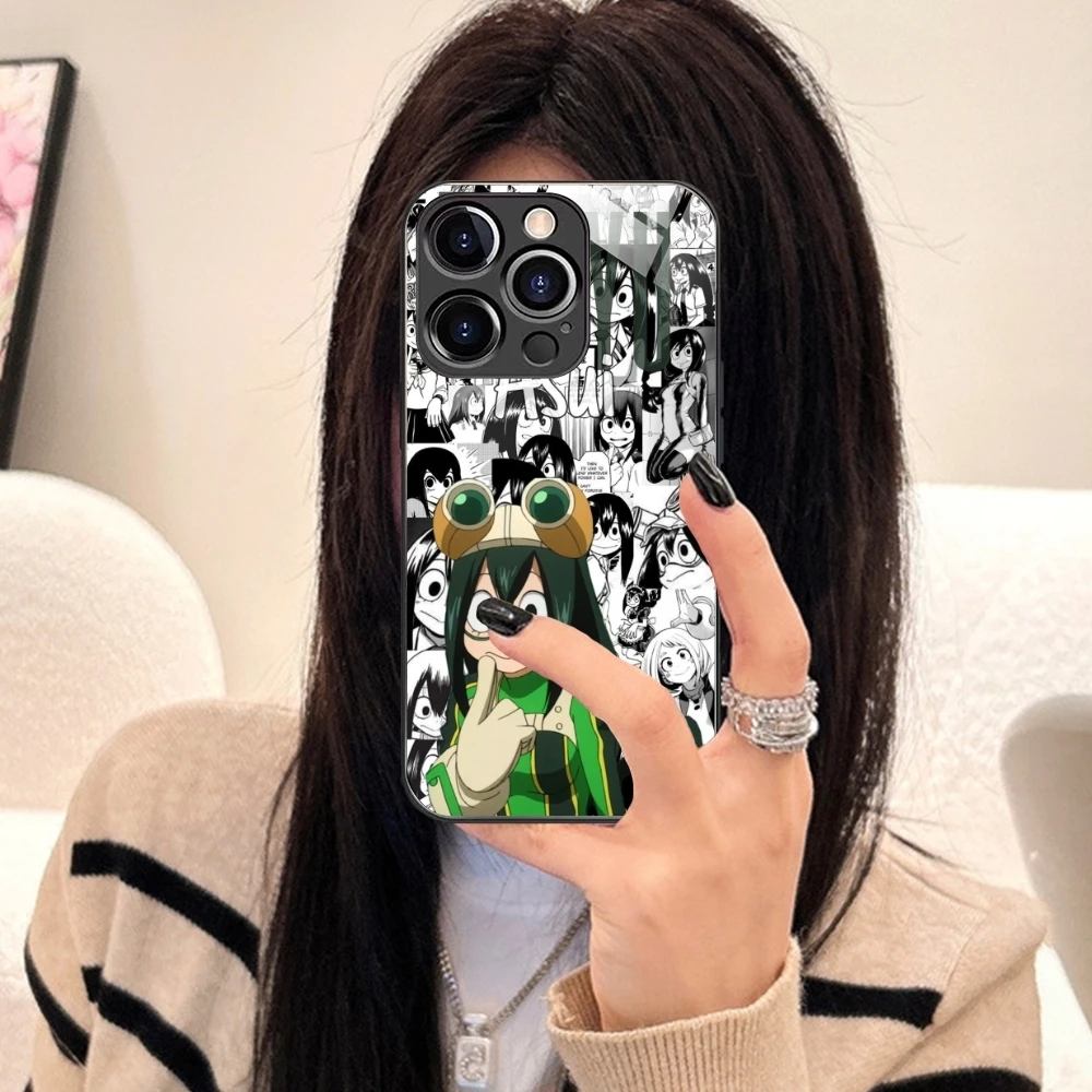 Hero Tsuyu Asui Froppy Cell Phone Case for iPhone 15 14 13 12 11 X XR XS 8 Pro Max Plus Mini PC Glass Phone Cover Shell