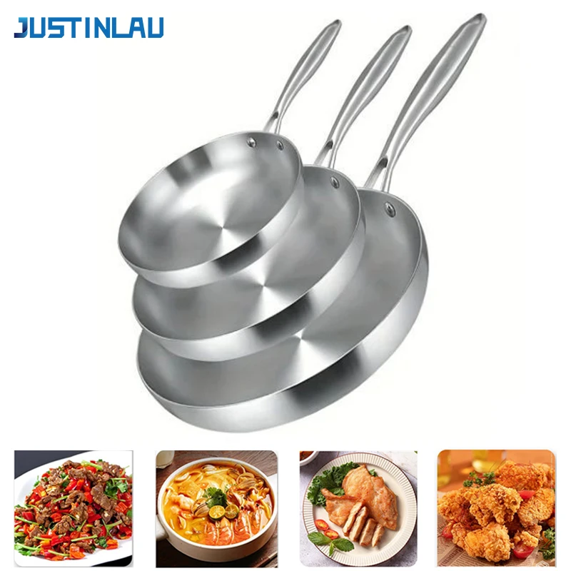 JUSTINLAU 3-teiliges Bratpfannen-Set 22/24/26/28CM 304 Edelstahl Bratpfanne 5-lagiger Stahl Antihaft-Pfannen Steak-Eierpfanne Für Alle Herdarten