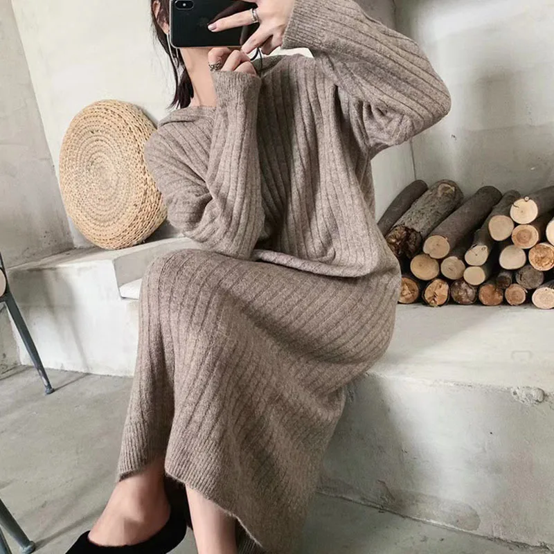 Fall/Winter Plus Size Loose Hooded Dress Knitted Wool Long With Warm Ladies' Long Skirt Inside