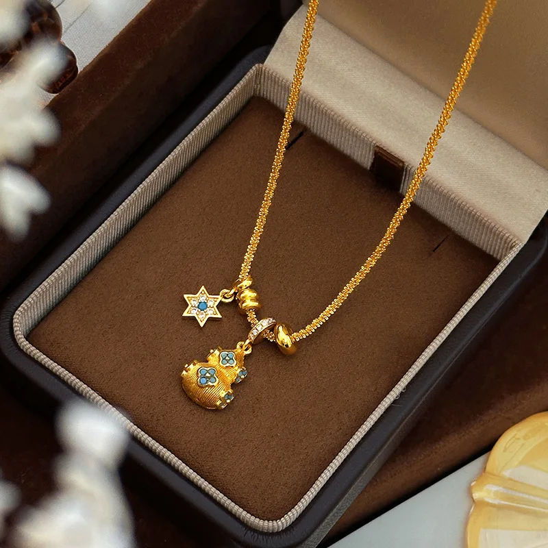 24k 999Gold necklace with brushed finish and diamond-encrusted hexagram gourd pendant, light luxury women's enamel brushed pure