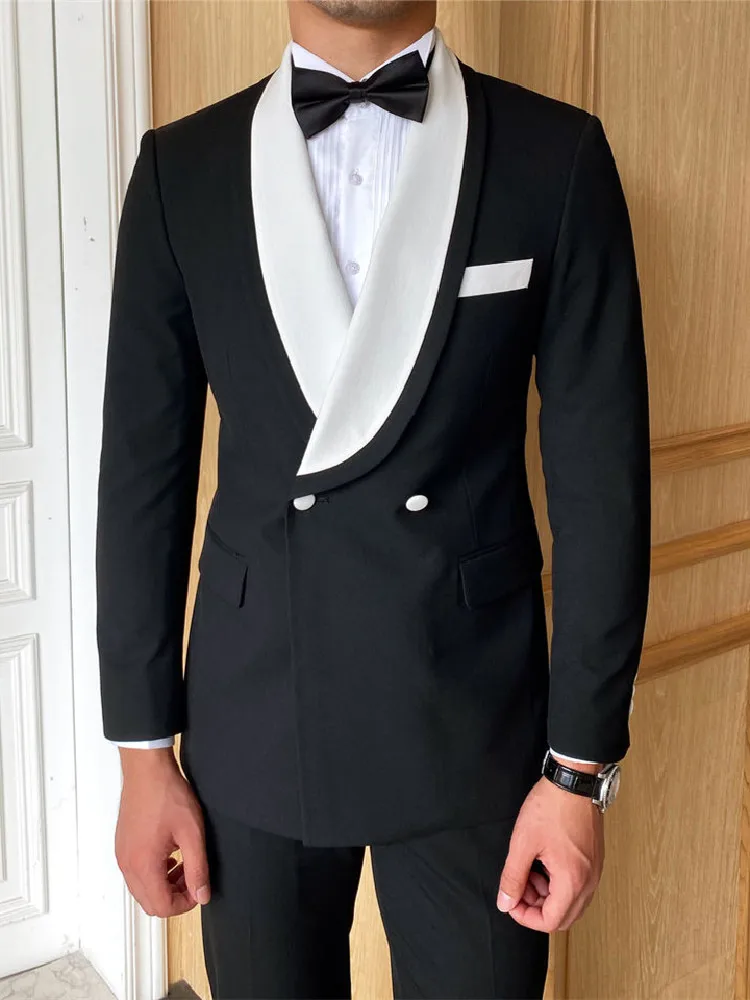 

Modern Men Suits 2 Pieces Black Blazer Pants One Button White Wide Lapel Solid Wedding Groom Formal Work Party Causal Tailored
