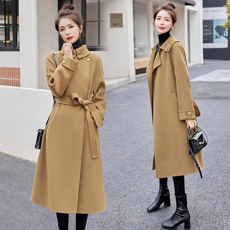 2026 Streetwear Double-sided Wool Blends Coat Women Long Overcoat Autumn Winter Sashes Accept-waist Woolen Outerwear Casual Tops