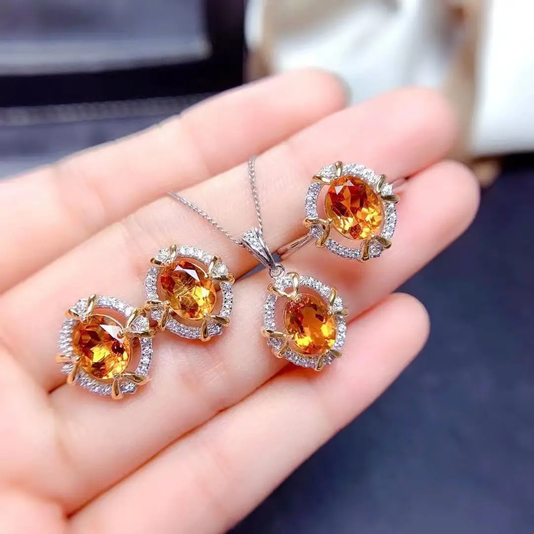 

Natural Citrine Pendant and Ring Errings Set 6mm * 8mm Total 4ct Natural Citrine Necklace 925 Silver Jewelry Set for Party