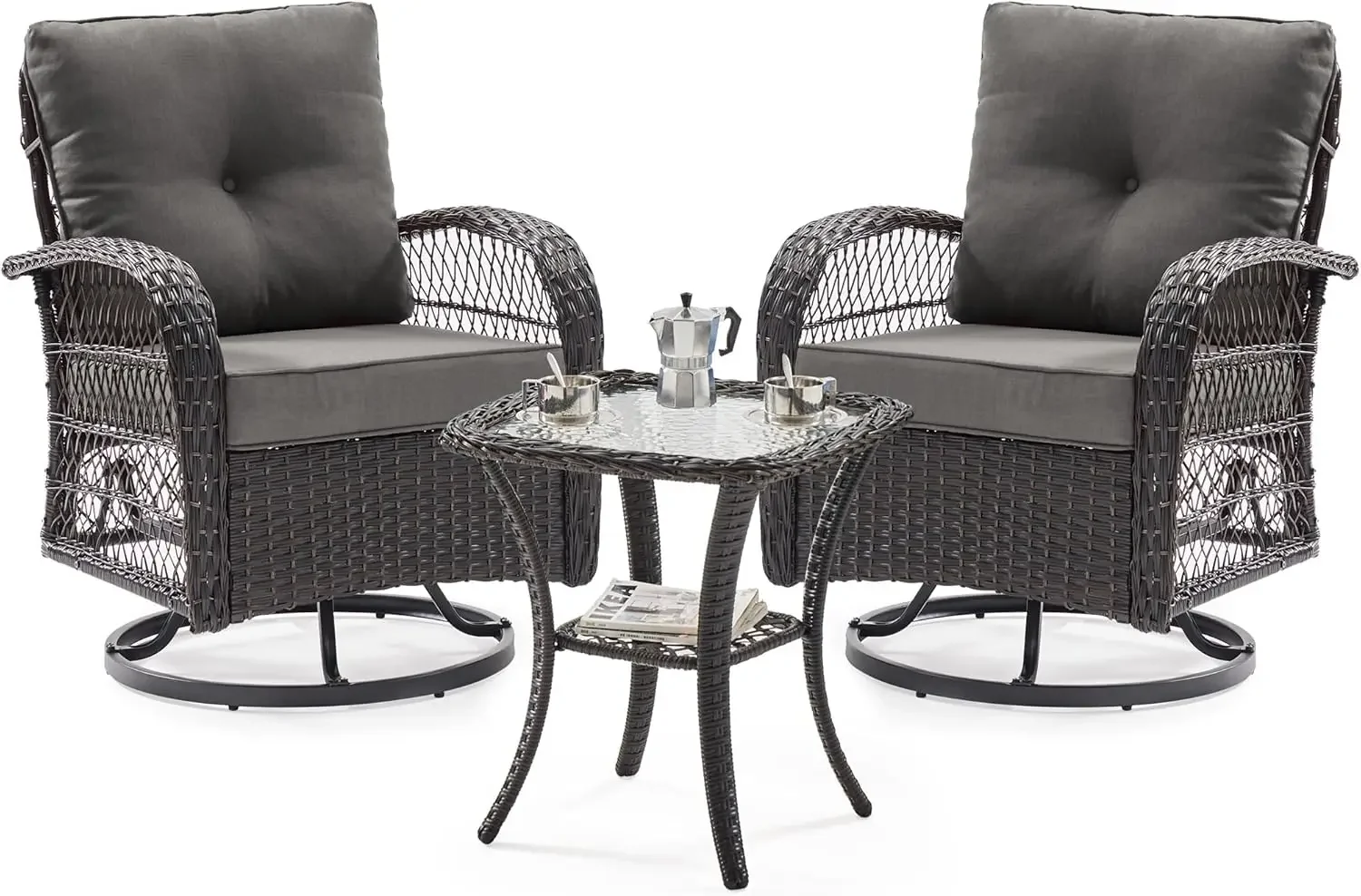 3 Pieces Patio Furniture Set, Outdoor Swivel Gliders Rocker, Wicker Patio Bistro Set , Glass Top Side Table.