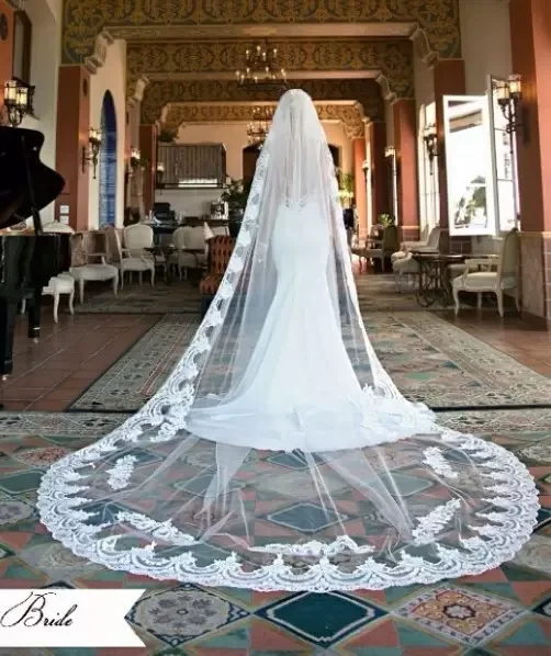 

New Arrival 4M Wedding Veils With Lace Applique Cut Edge Long Cathedral Length Veils One Layer Tulle Custom Made Bridal Veil Wit