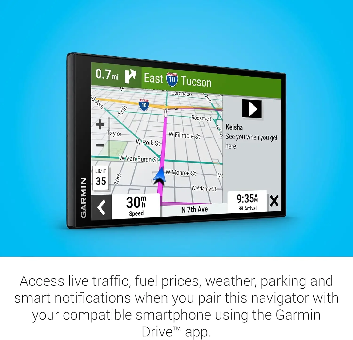 DriveSmart 76، جهاز ملاح GPS للسيارة مقاس 7 بوصات مع خرائط مشرقة وعالية الدقة