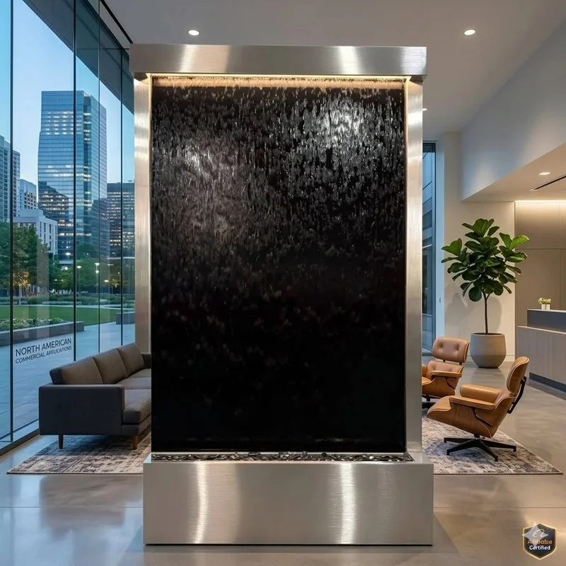 custom.Modern Stainless Steel Frame Tempered Black Glass Waterproof Multi-Functional Translucent Floor Standing Waterfall Founta