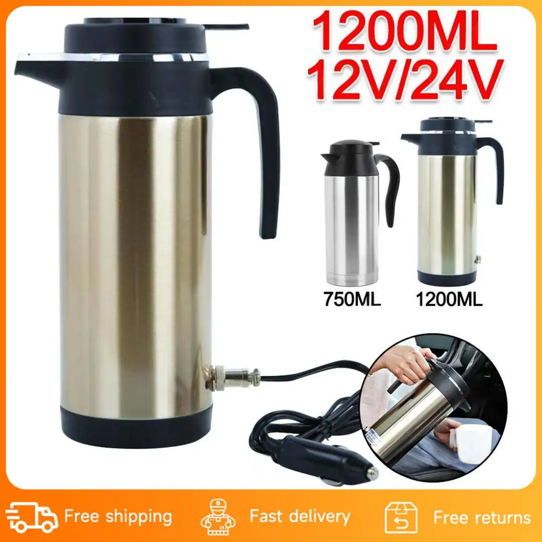 Car Electric Heating Cup 1200ml 12V/24V Auto Heating Kettle Auto Shut Off Coffee Milk Drinks Cup Car Truck Water Heater Cups