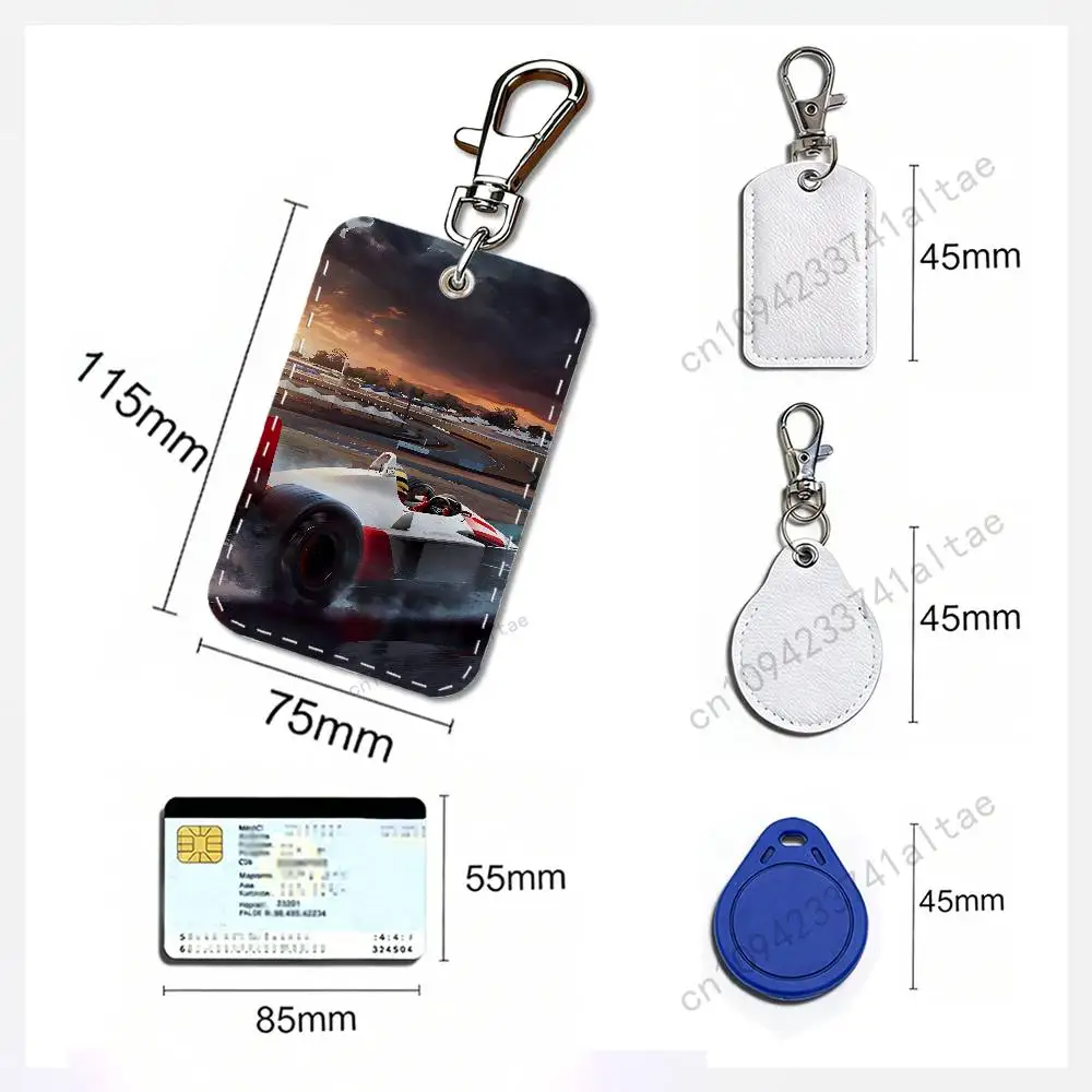 A-Ayrton S-Senna Rectangle Card Case Keychain Access Card Bag Key Tag Ring Leather Card Holder Key Ring Access