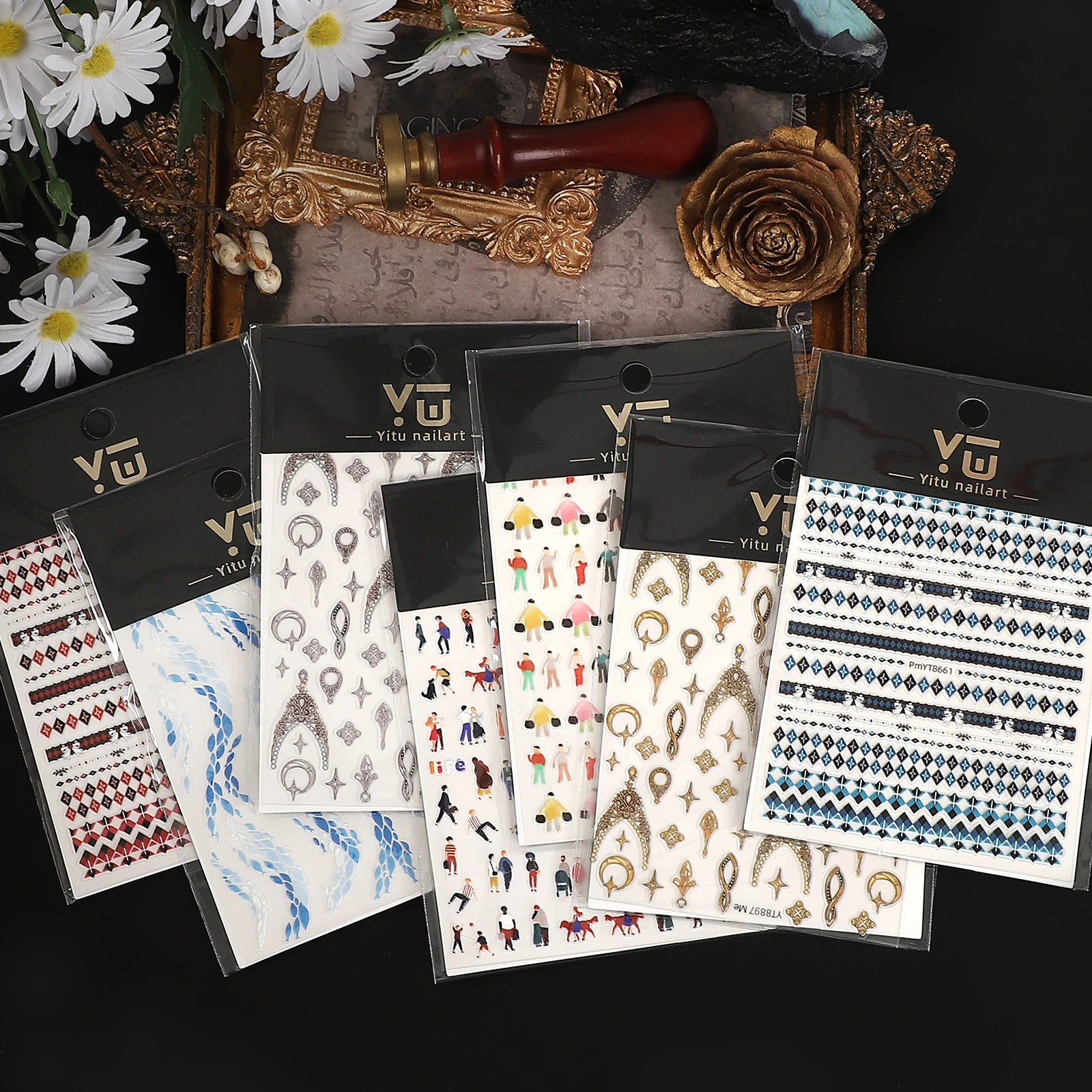 2 Pcs/set Cute Character Diamond Grid Landscape PET Nail Sticker Creative DIY Journal Material Collage Scrapbooking Stationery