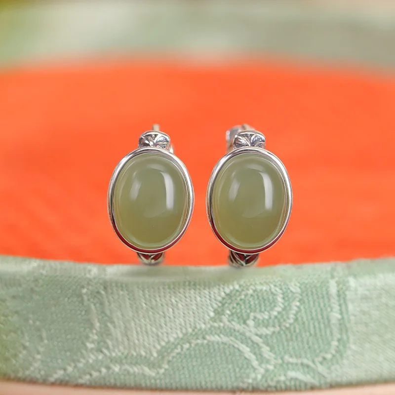 Natural Hetian S925 Sterling Jade Wheat Pendant Earrings Fashionable Silver Ear Clips