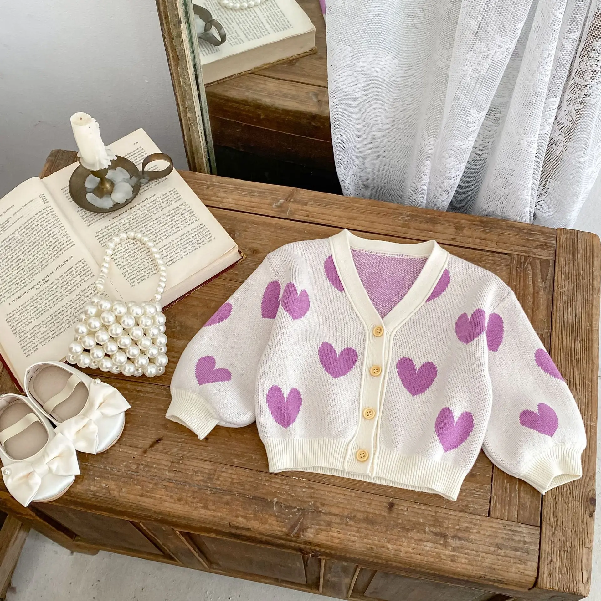 ​​2025 Fall Baby Girl Cardigan Korean Style Heart Jacquard Knit Sweater Soft Cotton Cute Outfit for Toddler Infant 0-24 Months​