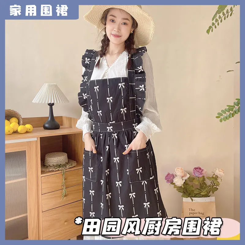 Cotton apron with floral patterns for home kitchen cooking internet celebrity beautiful and stylish Korean style all cotton prin