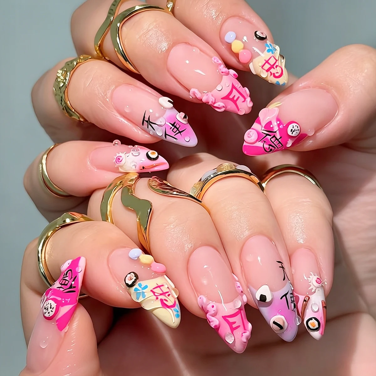 24pcs 3D Cartoon Dopamine False Nails Press On Nails Wearable Almond French Fake Nails With Design For Women Manicure Nail Art