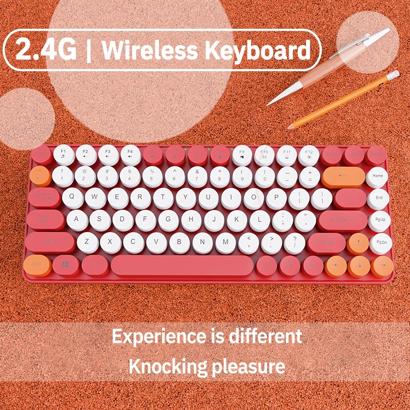 Cute 2.4G Wireless Keyboard Colors 84 keys Retro Round Keycaps Keyboard for Laptop Computer Rechargeable Wireless Keyboard