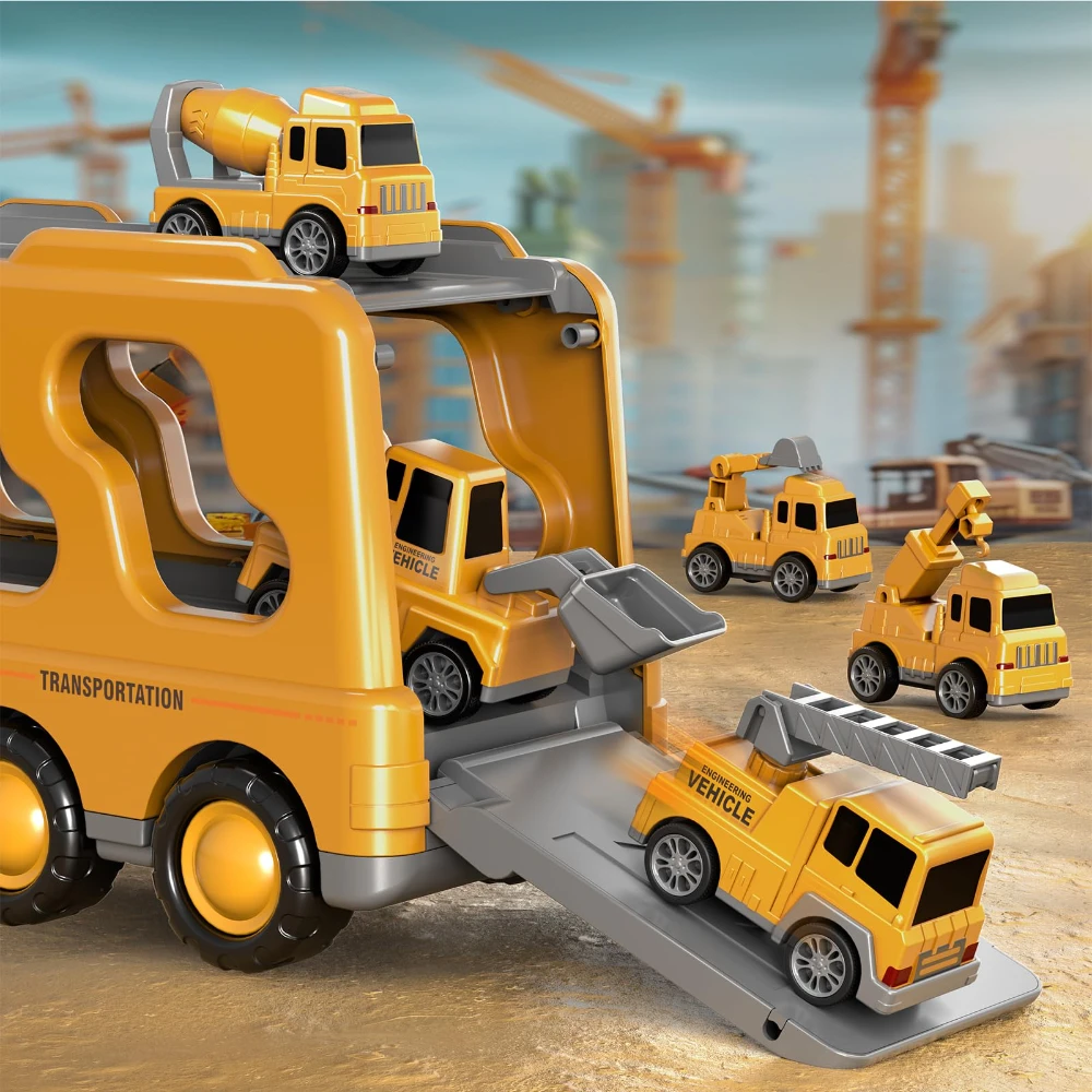 WizKidz 7 em 1 caminhões de construção carros brinquedos para crianças menino carro caminhão brinquedos com som leve presentes de aniversário para 3 + anos de idade menino