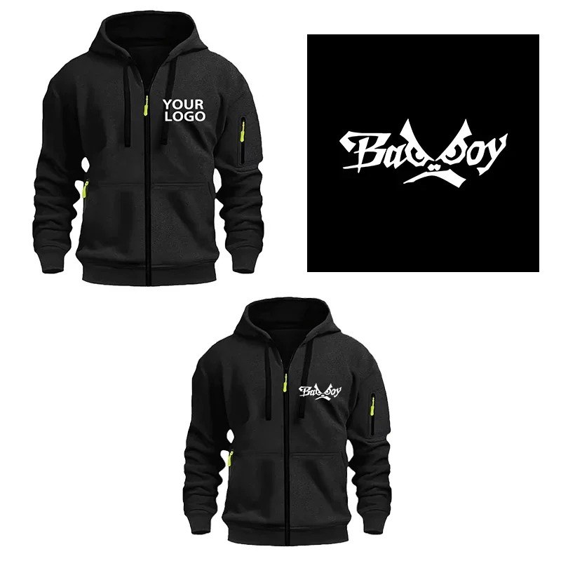 Custom Logo Men's Casual Sports Hoodie Full-Zip Design with Arm Pockets Fashion Outdoor Long Sleeve Sweatshirt