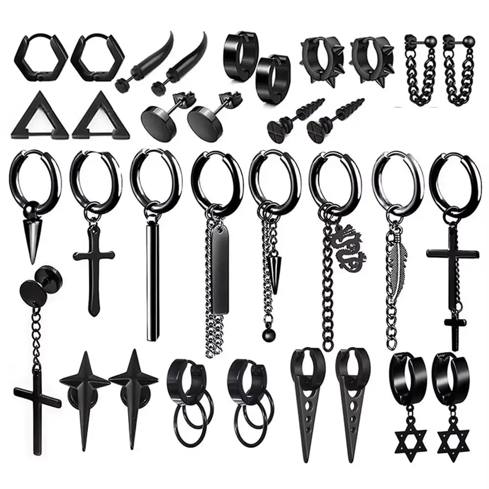 WKOUD 1 Pair Punk Black-color Multiple Styles Stainless Steel Stud Earrings For Men Women Street Pop Hip Hop Gothic Ear Jewelry