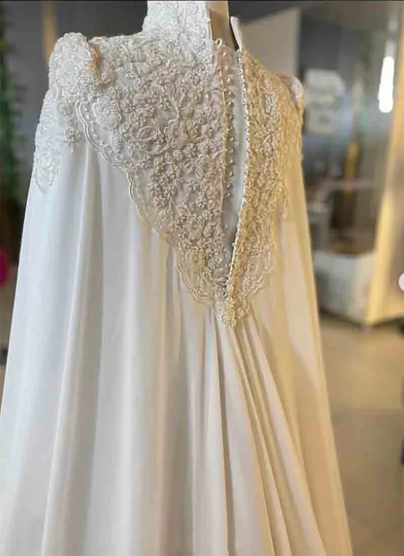 Muslim Chiffon A-Line Wedding Dress With Long Wrap High Collar Long Sleeves Elegant White Wedding Gown For Women Customized